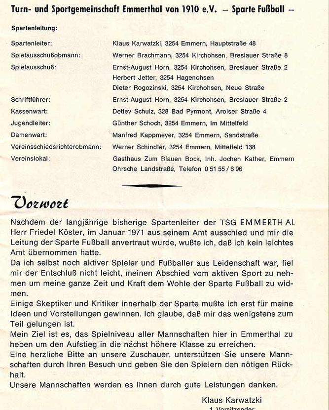 Vorwort Klaus Karwatzki TSG Emmerthal Termin NN